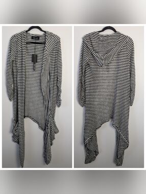 NEW Ozai N Ku Striped Asymmetrical Hooded Cardigan Size L Lagenlook